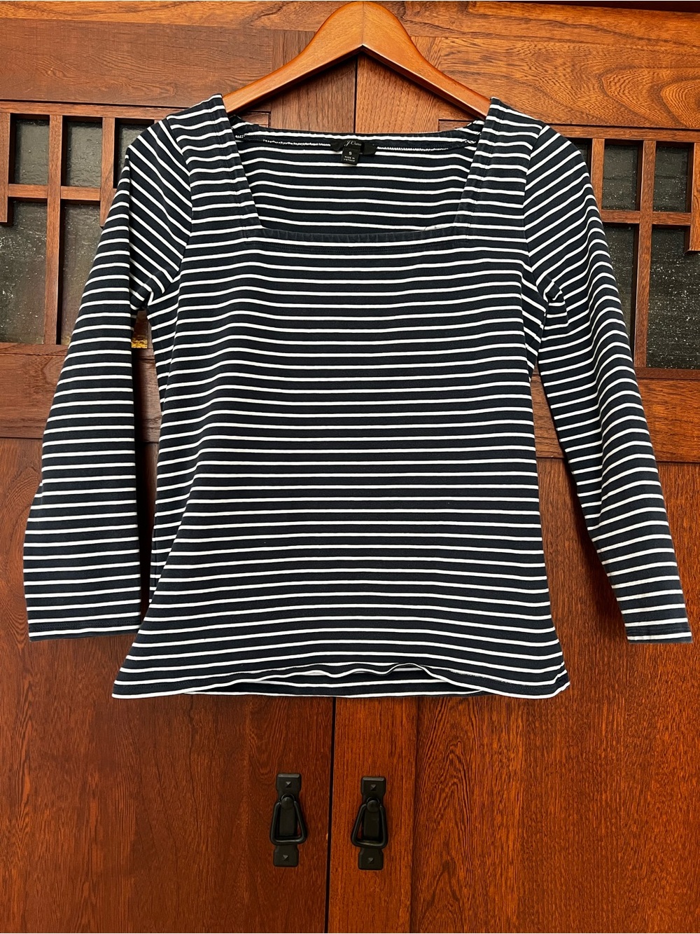 J. Crew Navy and White Striped Square-Neck Long Sleeve Tee